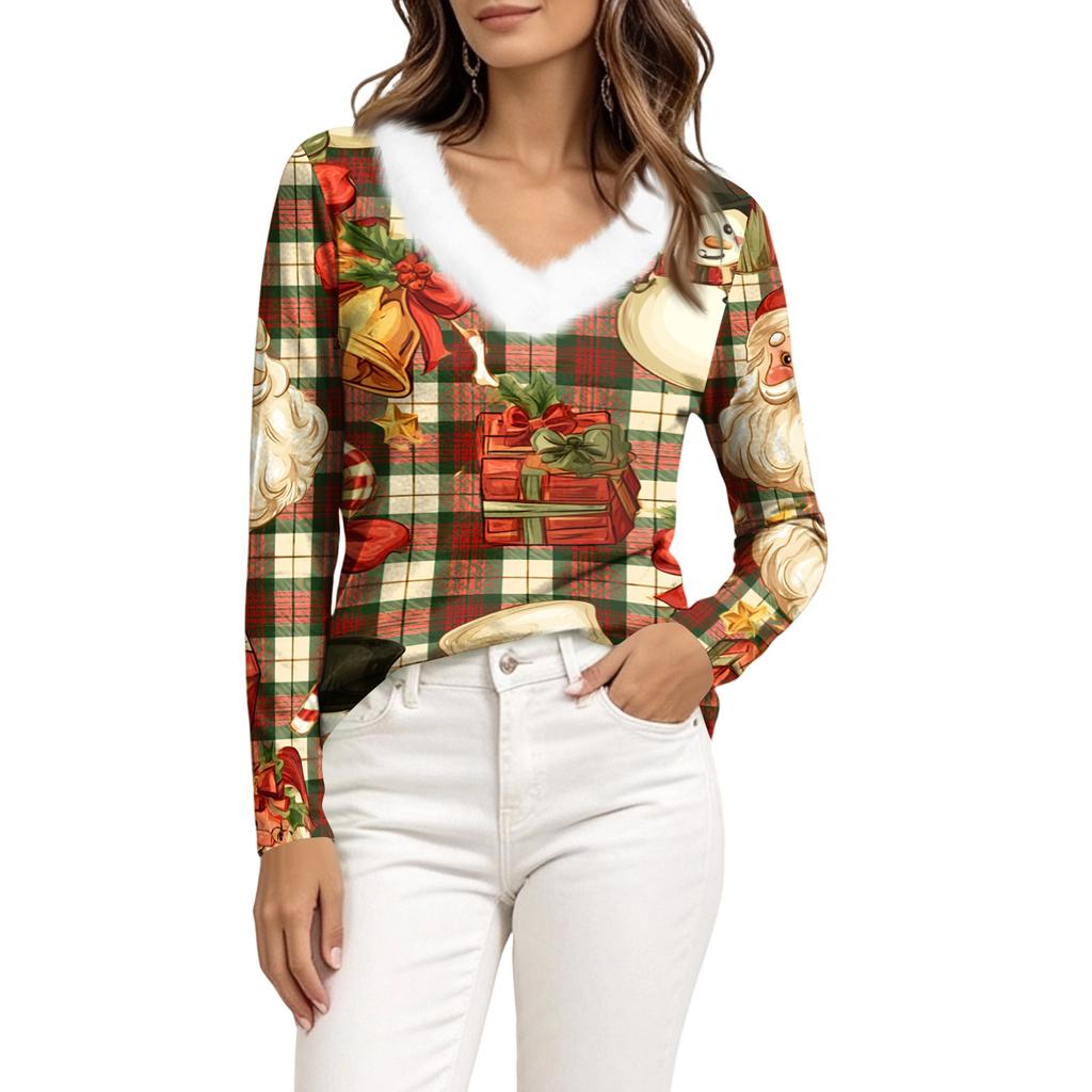 Women's Long Sleeve Christmas Print V-Neck Top with Plush Furry Collar Snowflake and Christmas Tree Design