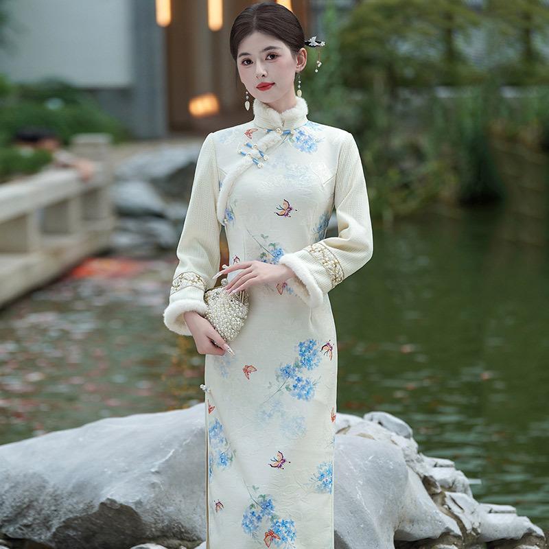 White velvet winter clothing national style new Chinese long-sleeved cheongsam winter thick improved young women's high sense