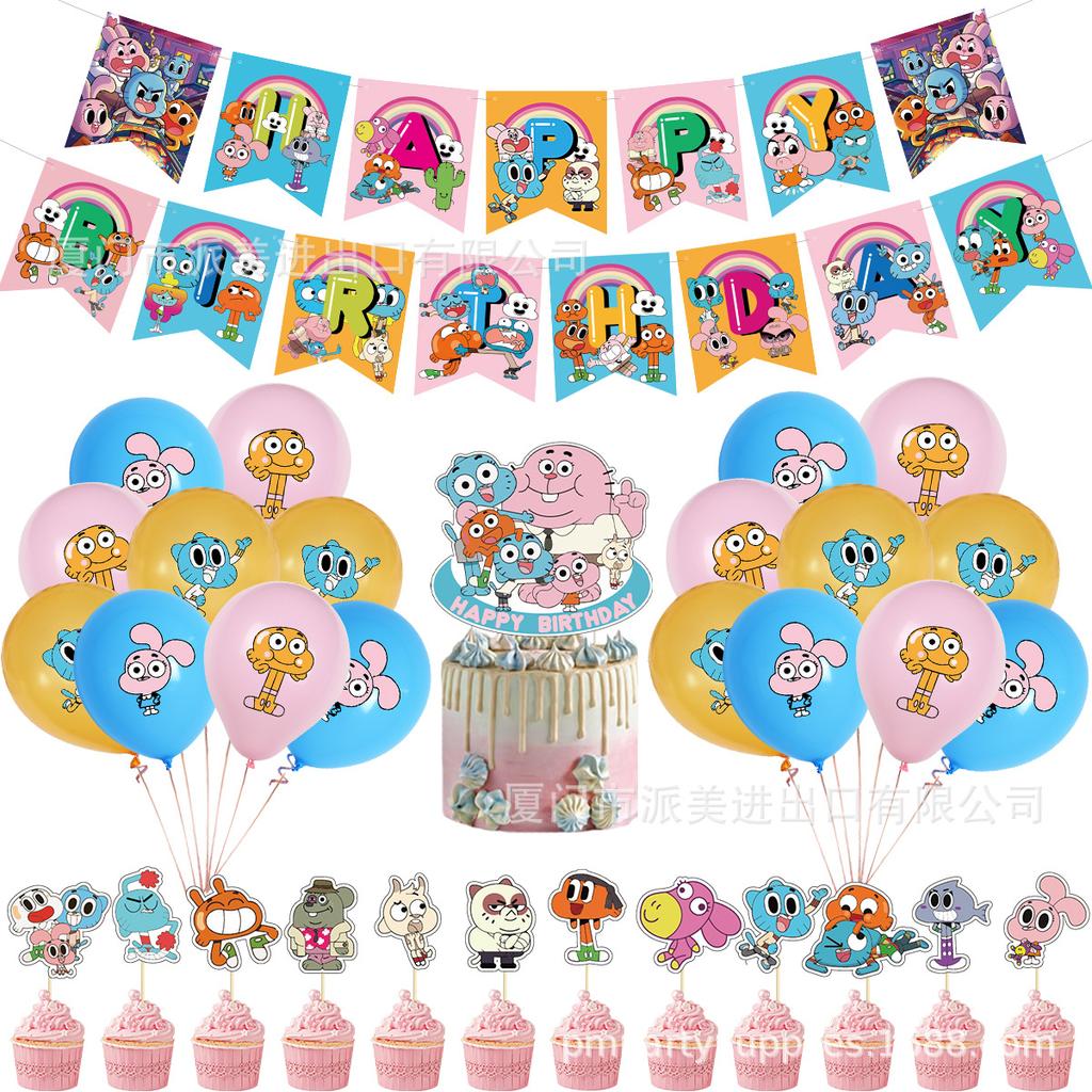 Cartoon Amazing World Birthday Party Decorations Gum&balles Balloon Banner Cake Topper Rabbit Cat Anime Backdrop Kid Favor Gift