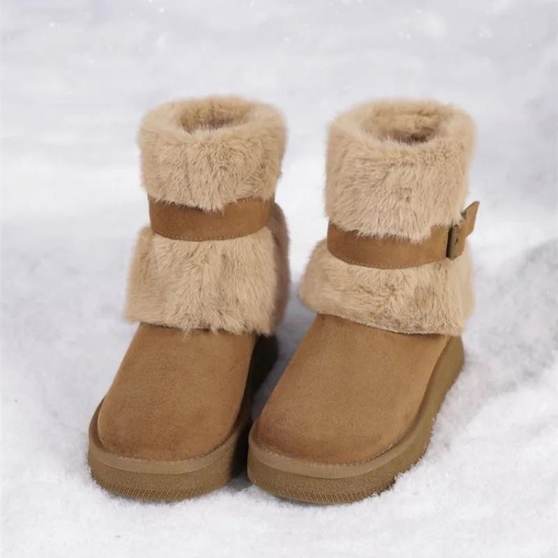 Flip Plush Cotton Boots Winter New Round Toe Sleeve Belt Buckle Platform Non-Slip Plus Size Snow Boots