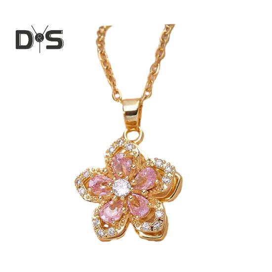 Rotatable Rhinestone Flower Pendant Necklace for Women Titanium Steel Shiny Cubic Zircon Flower Choker Wedding Party Jewelry
