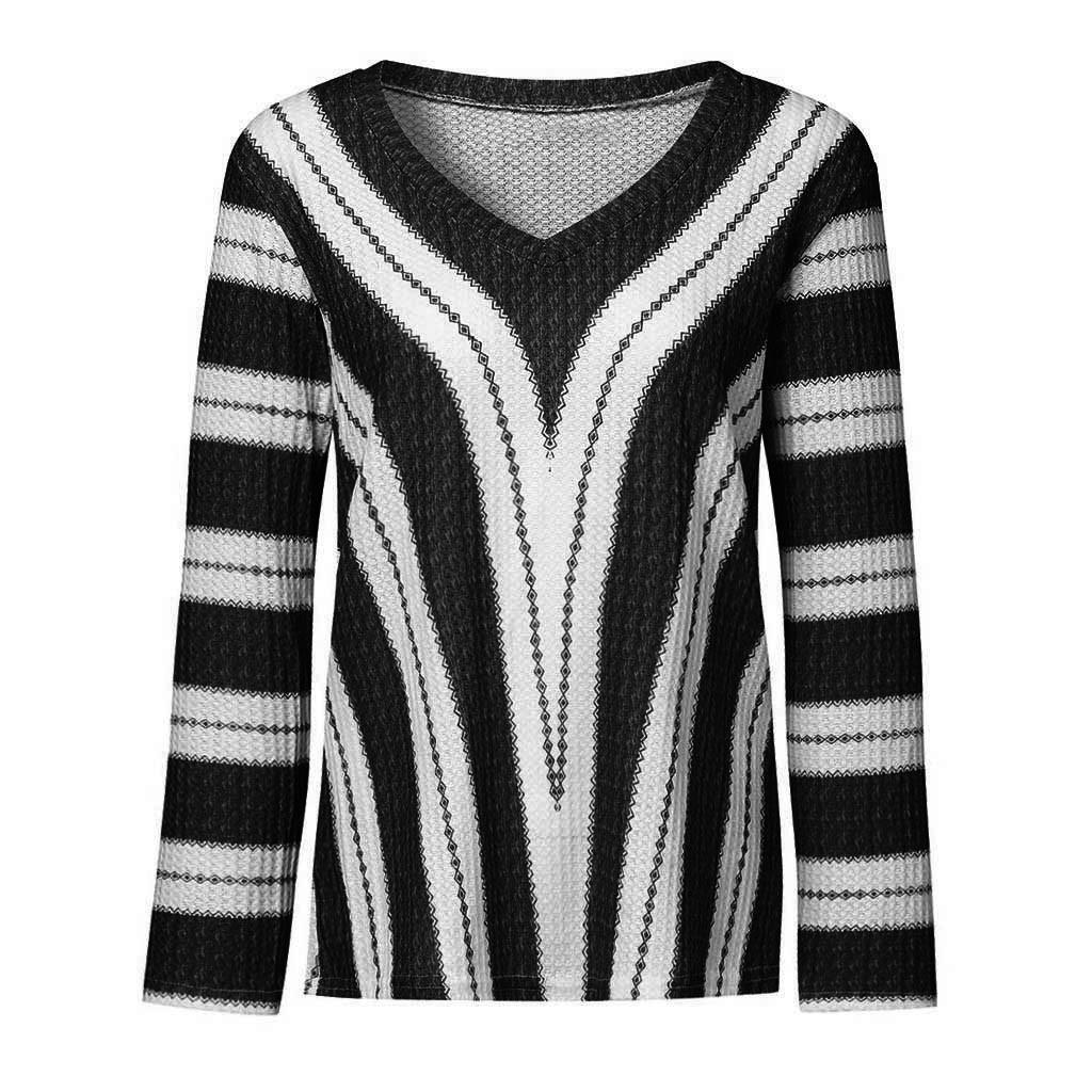 Fashion Womens Long Sleeve V Neck Striped Knitting Casual Tunic Blouse