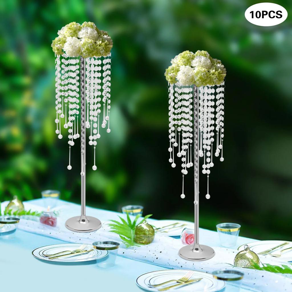 10 Pieces Elegant Silver Crystal Flower Stands for Wedding Centerpieces - Tall 75cm (29.5in) Acrylic & Iron Home Table Decor