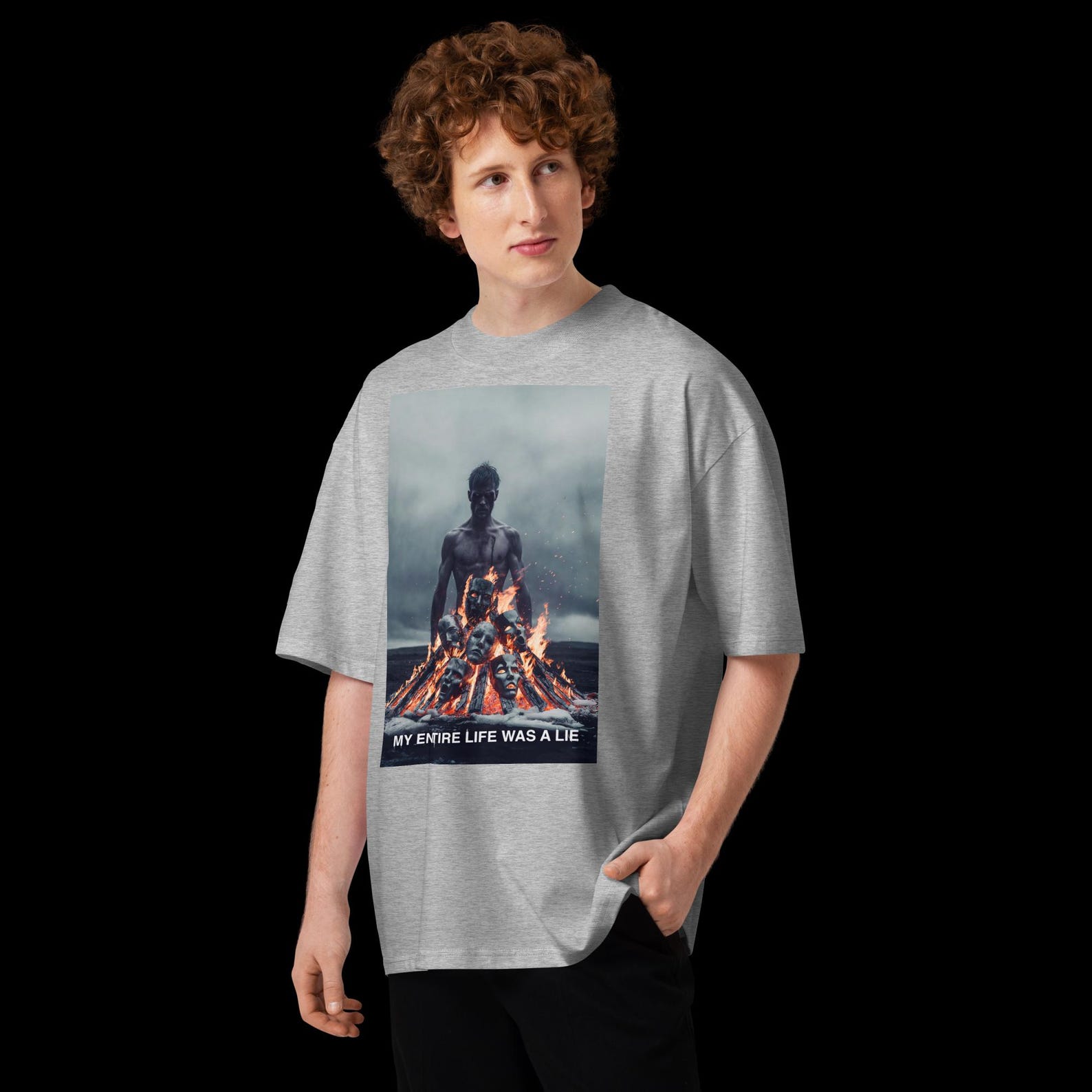 Unisex organic oversized high neck t-shirt - “The Void After The Lie” XL
