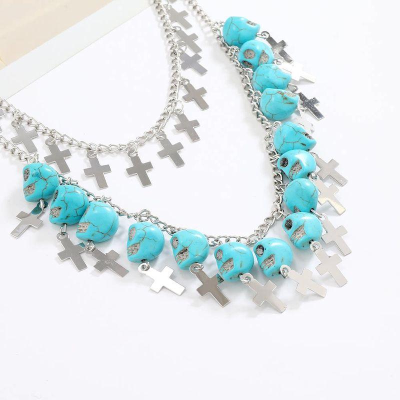 Fashion Style Personalized Hip Hop Punk Exaggerated Double-Layer Skull Cross Necklace for Women Gothic Lolita Ornament