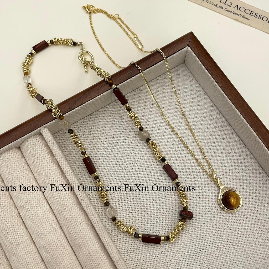 2024 Fashion Tiger Eye Stone & Metal Beaded Necklace - Chinese Style Clavicle Jewelry for Women