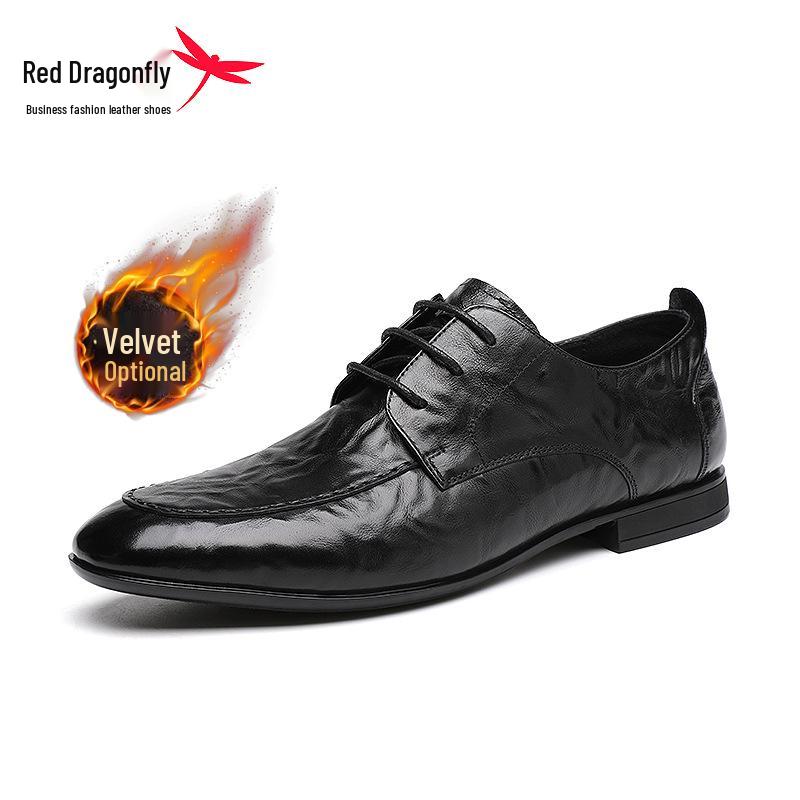 2026 Red Dragonfly Men s Brogue Leather Formal Shoes with Velvet, Genuine Leather, Perforated Design, Ideal for Weddings and Business. 39