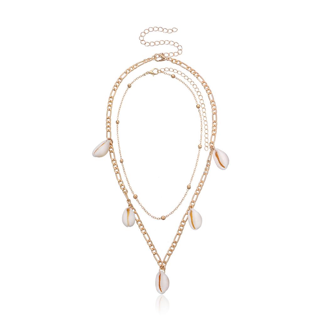 Europe, America, fashion personality versatile shell pendant necklace women, double metal round bead chain necklace