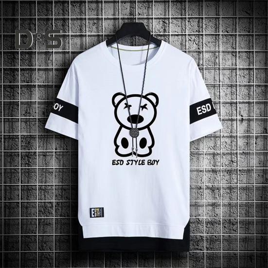 2Pcs/Set Men Casual Sportwear O-Neck Short Sleeve Bear Pattern T-shirt Elastic Waist Sweatpants Set Loose Fit Sports Wear