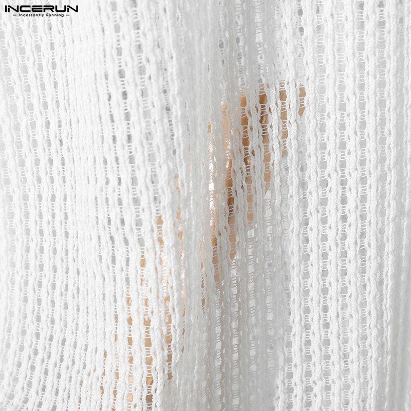 INCERUN Oversized Men Long Sleeve Hollow Webbing Casual Loose Cropped Tops Shirts