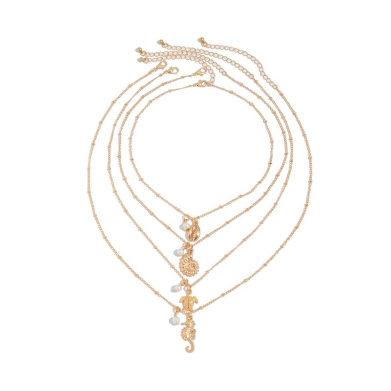1 Set Layering Collarbone Chain Seaside Jewelry Piece Tortoise Seahorse Pendant Necklace Pearls Detailing Metal Chain 1