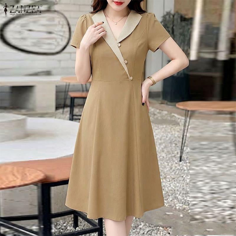 ZANZEA Women Casual Stripe Splice V-Neck Elegant Short Sleeve Dress S