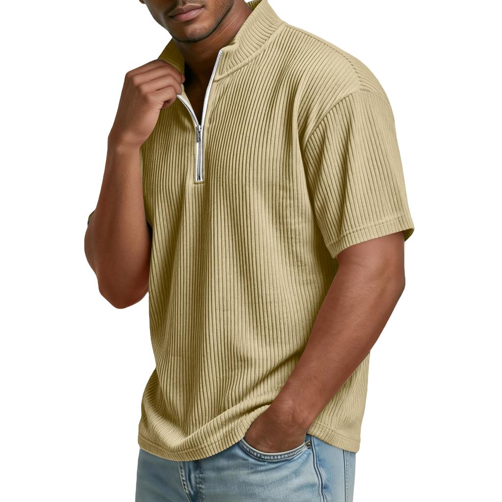 Top Pulóver Casual para Hombre de Manga Corta con Cremallera Media y Tejido de Canalé, Cuello Alto, Textura Suave, Corte Relajado, Camisa para Uso Diario