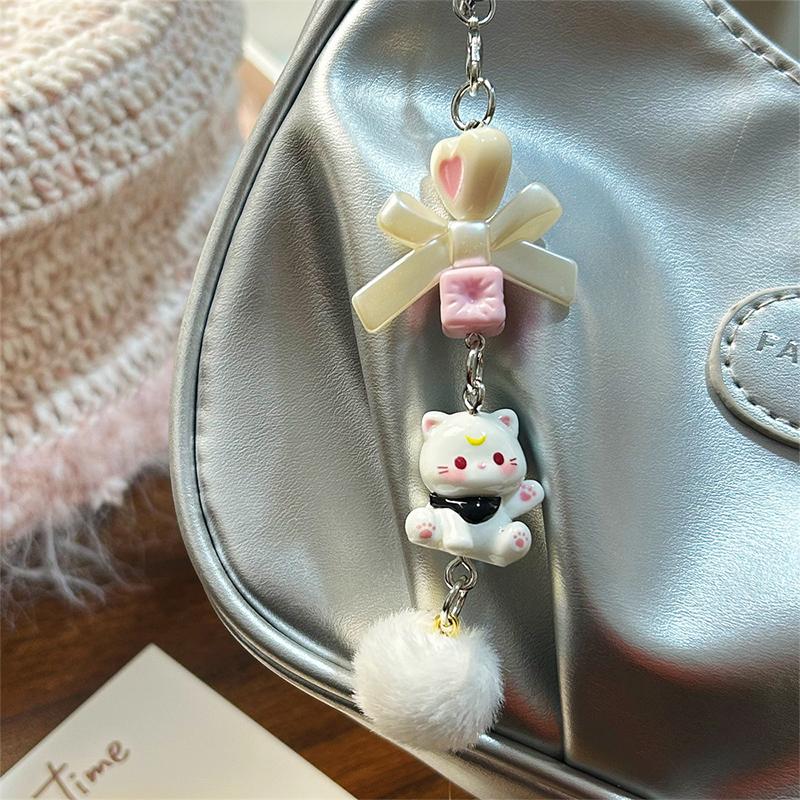 Y2K Cartoon Cat Plush Ball Beaded Mobile Phone Chain Cute Sweet Bow Kitten Phone Lanyard Keychain For Girls Camera Pendant
