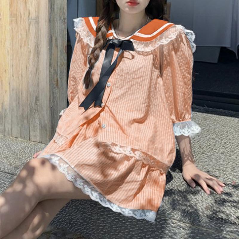 VONDA Two Picecs Dame Marineblå Krage Blondekant Stripete Tekstur T-skjorter og Shorts Sett