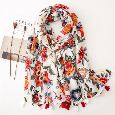 Women's Ethnic Style Cotton-Linen Scarf: Colorful Floral Print, Versatile Sun Protection Shawl