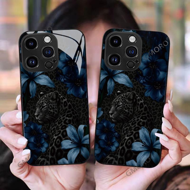 Vintage Maillard Wind Panther Flower iPhone15 Mobile Phone Case Foreign Trade Hot Selling Glass Case Apple 17 Premium Sense