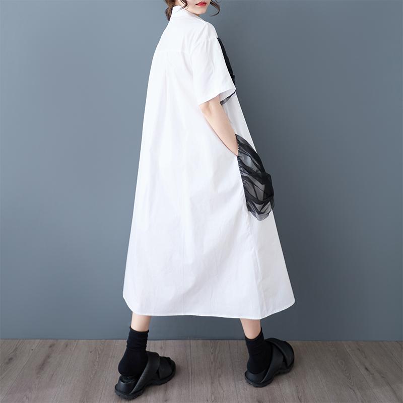 DIMANAF 2025 Spring Summer Shirt Dress Plus Size Women Casual Vintage Long Dress Loose Basic Black White Dress
