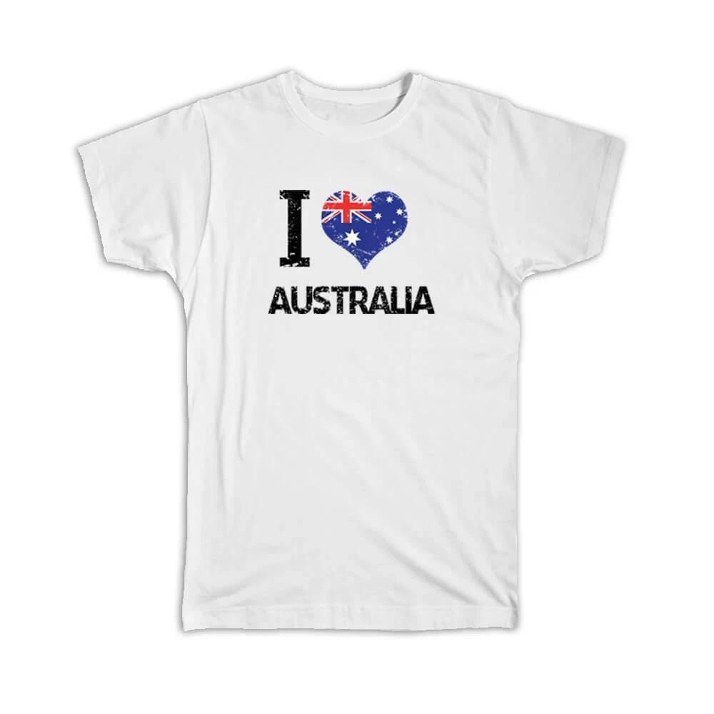 Gift T-Shirt : I Love Australia Heart Flag Country Crest Australian Expat L