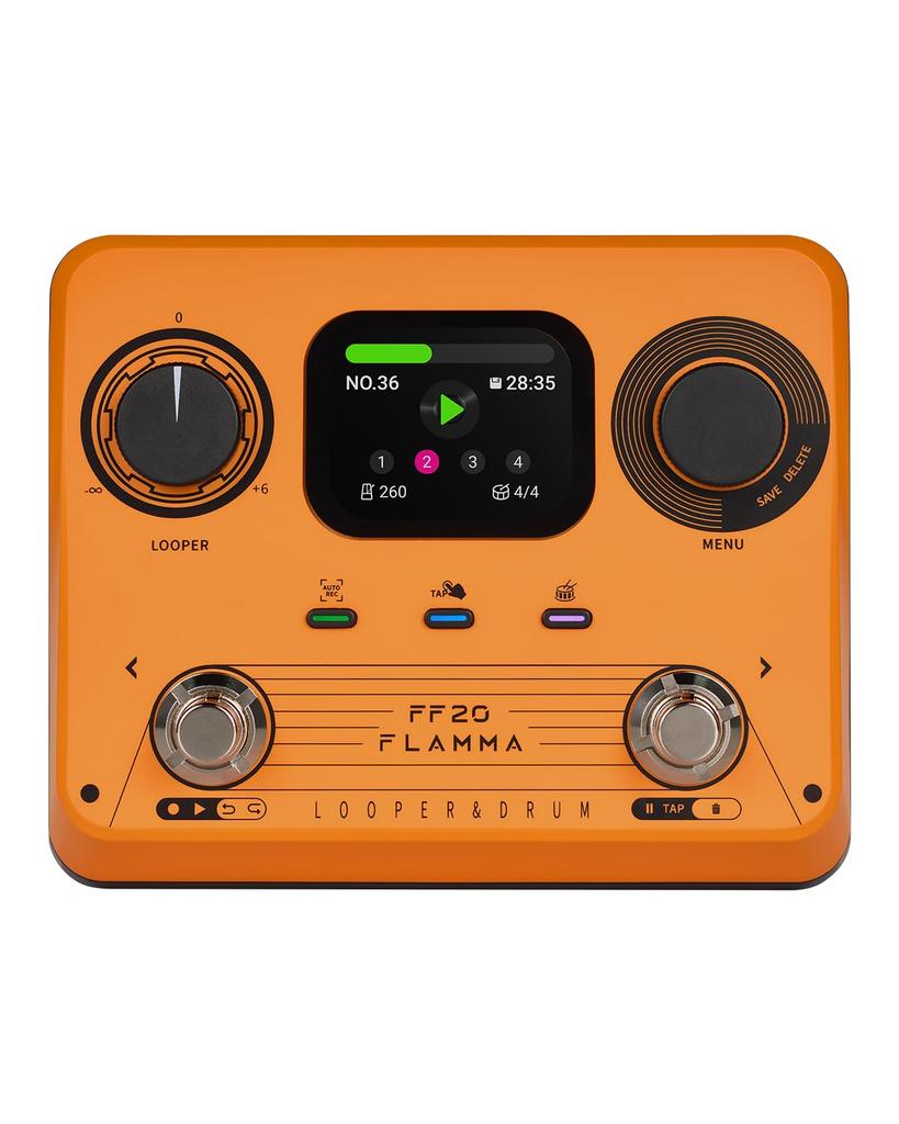 FLAMMA FF20 Looper Pedal Drum Machine with 300 Minutes of Recording 220 Drum 100 Loop Time Auto USB Headphone Output for Guitar and Bass Screen, Time,