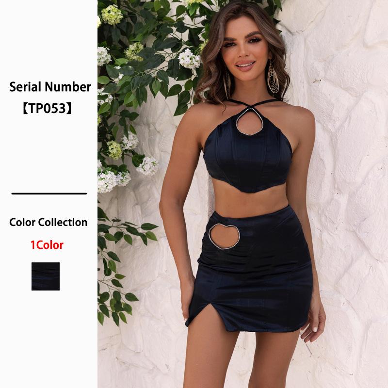 

European and American new black neck halter women s short skirt two-piece sexy fashion party dress women s summer XS чёрный