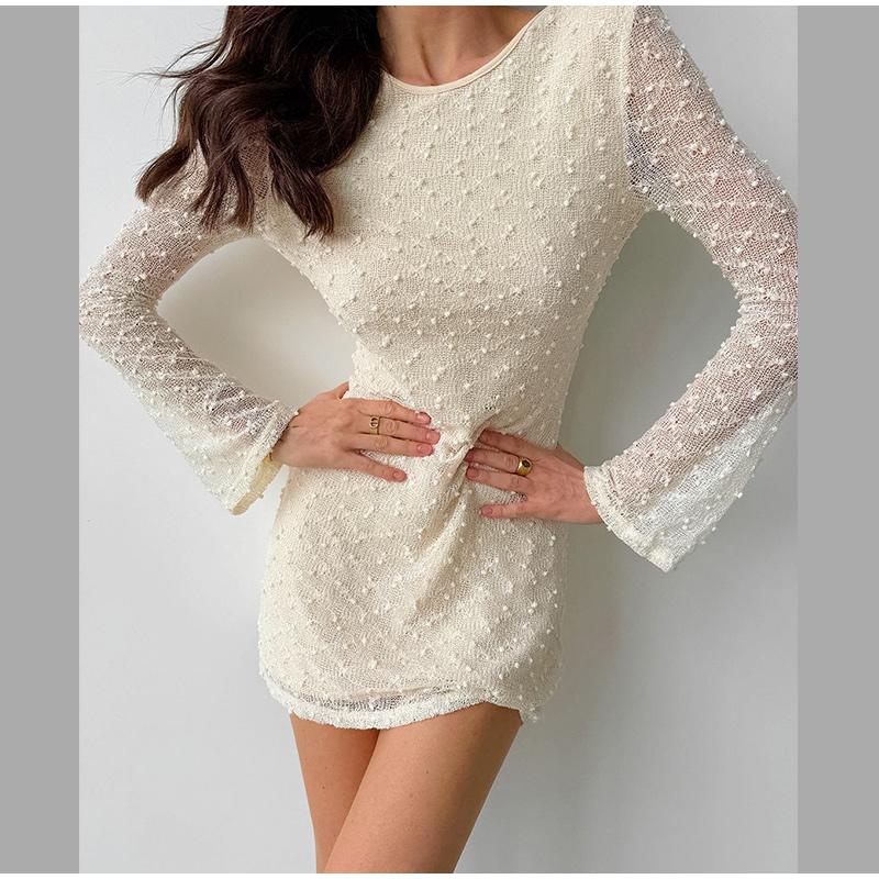 Elegant Backless Slim Dress Women Lace Up Round Neck Long Sleeved Dresses Summer High Waist Fashion Pullover Mini Short Dress