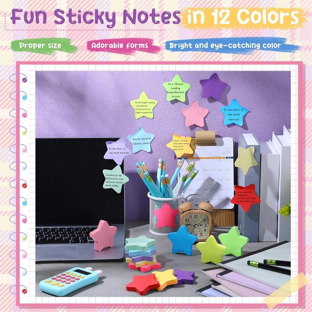 12 Pack (360 Sheets) Star Sticky Notes - 12 Colors Self-Stick Page Tab Note Pads, 3x3 Inch Cute Shape Adhesive Notes for Office