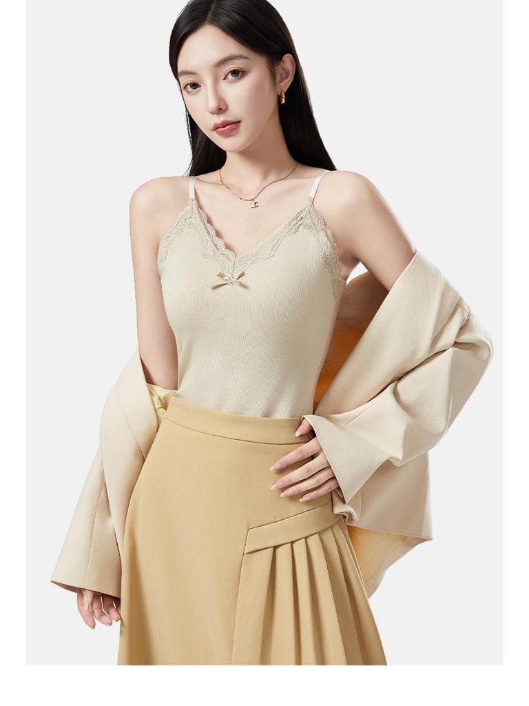 Women's Lace Camisole with Bow & Chest Pads - Warm Velvet-Lined Sleeveless Top for Autumn & Winter
