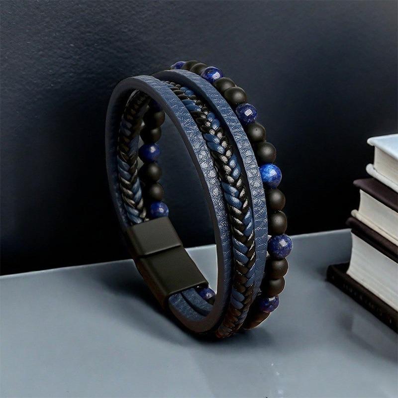 Leather Handcrafted Multi-layer Bracelet for Men, Retro-style Patch Magnet Clasp Wristband, Male Version