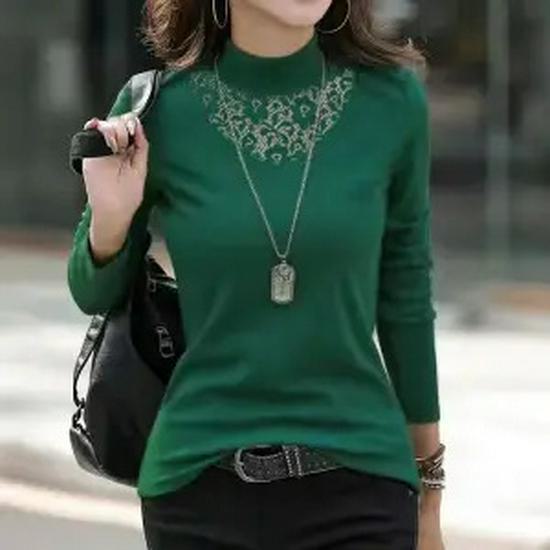 

Fall/Winter Women s Velvet Lace Splice Top 3XL зелений