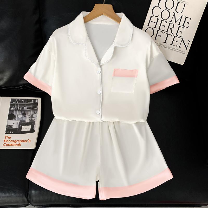 Solid Color Short-Sleeved Ice Silk Pajamas Women'S Summer Cool Casual Loose Silk Loungewear Set