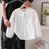 6-12Y Girls 100% Cotton White Shirt Jacquard Embroidery Peter Pan Collar Puff Sleeve Kids Blouse