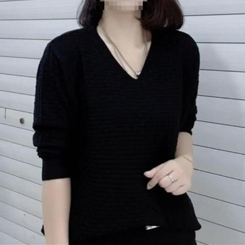 Large Size Autumn and Winter Women's Western Style All-match Long-sleeved V-neck Sweater Women's Solid Color Loose Knitted Bottoming Shirt