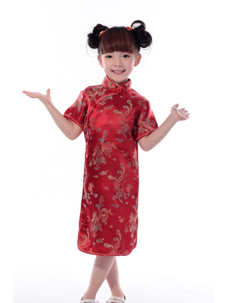 Girls' Ethnic Summer Dragon & Phoenix Tang Suit Qipao Performance Dress - Red