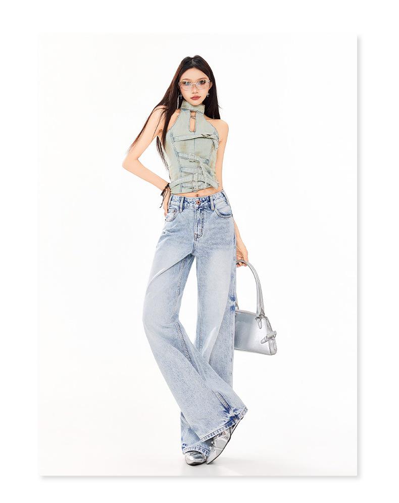 Women's Retro Sky Blue High-Waist Jeans, 2026 Spring/Summer Collection - Loose, Slimming, Floor-Length, Straight-Leg Versatile Pants