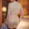 Rochie midi bodycon sexi cu mânecă lungă și decolteu în V cu paiete pentru femei 2025 cu fustă scurtă legată