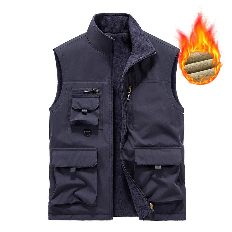 Double-sided velvet vest for men, casual stand-up collar, outdoor vest, waistcoat, men's fishing vest, multi-pocket jacket