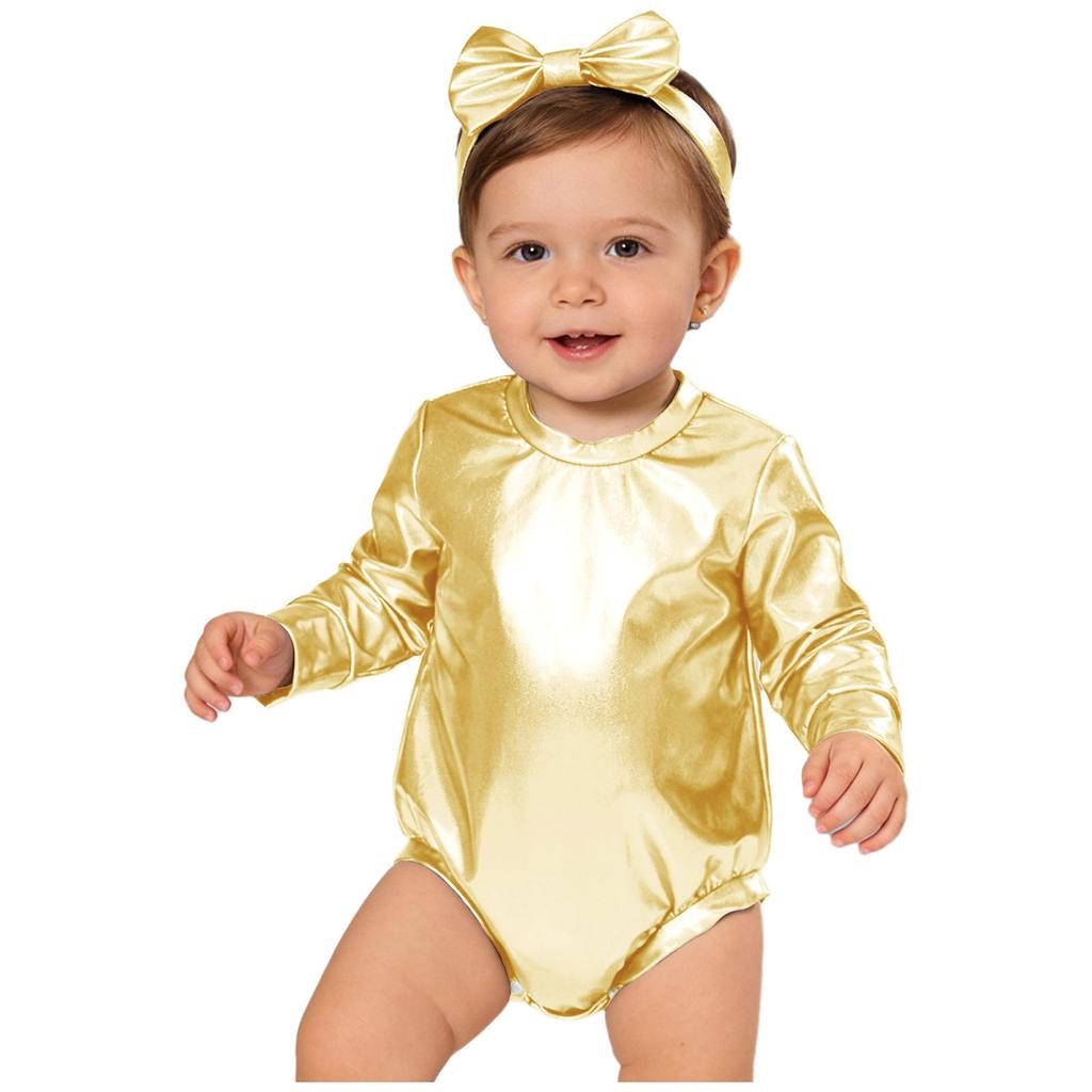 Tuta Fotografica per Compleanno Bambina Piccola: Completo Metallico Lucido a Maniche Lunghe con Bottoni a Pressione Facili e Set Fascia con Fiocco
