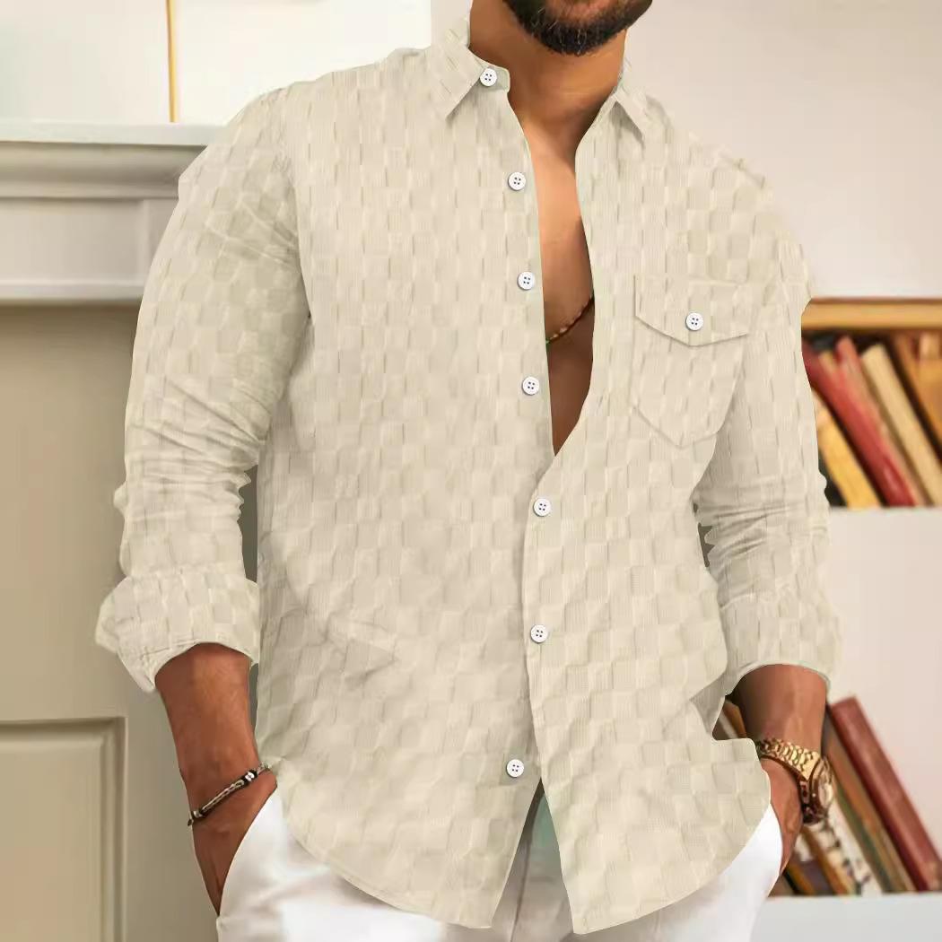 

2026 Men s New Spring and Autumn Europe and the United States Men s Plaid Jacquard Chest Pocket Lapel Long-sleeved Lapel Shirt 3XL абрикосовий