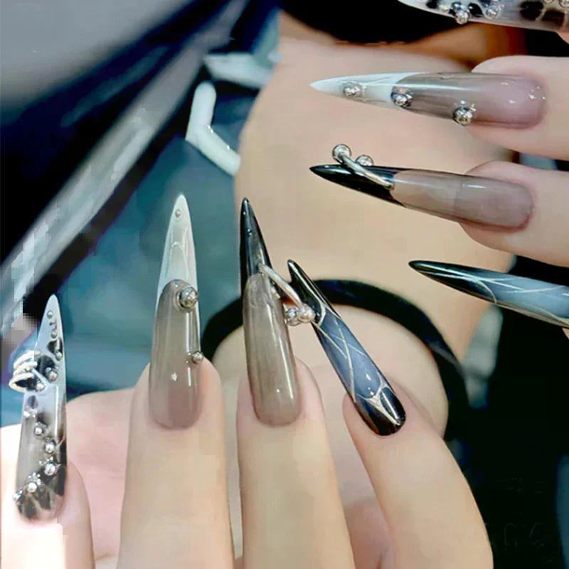12 Grids Gothic Punk Retro Metal Nail Jewellery 3D Gold Silver Nail Rhinestone Accessories DIY Glamour Nail Decoration