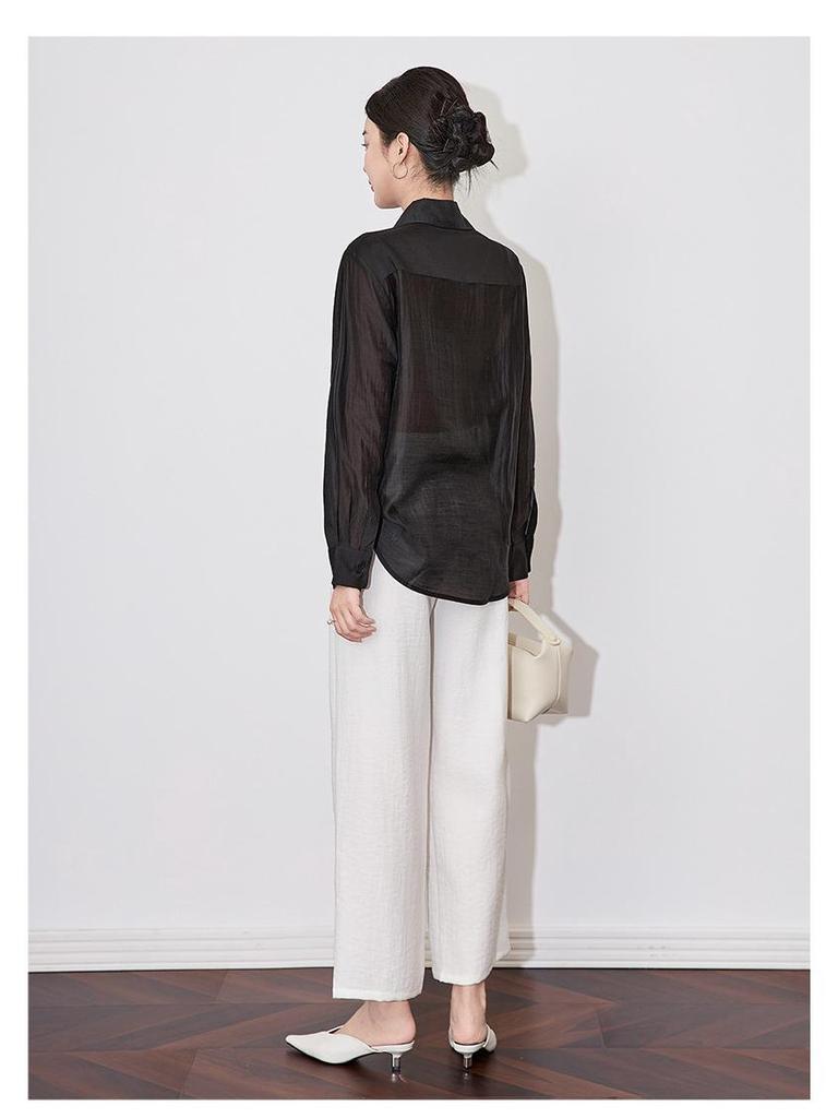 Elegant Women's Tencel Cotton Sequin Embroidery Long Sleeve Shirt with Lapel Design - Spring Collection