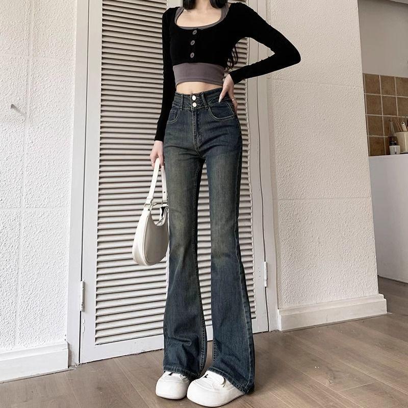 

Women s Black-Grey High-Waisted Micro-Flare Jeans, Fleece-Lined, Slimming, Horseshoe Flare, Autumn/Winter 2025 New Arrival, Double-Breasted. Double Extra Large (2XL)