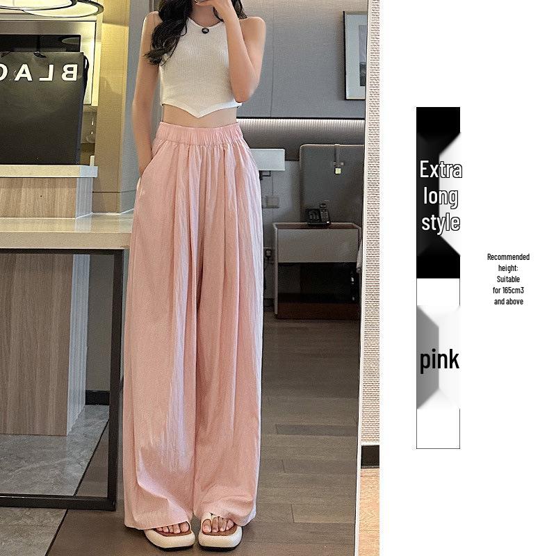 Women's Summer Blue Wide-Leg Ice Silk Pants - Casual Pleated Zen Style