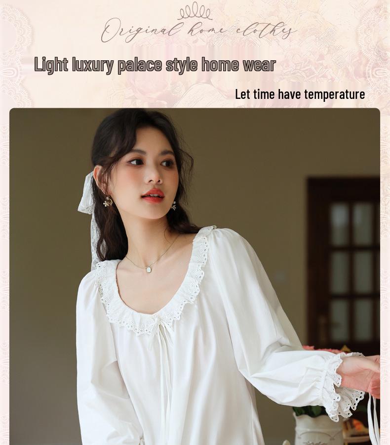 Cămașă de noapte de bumbac cu mâneci lungi pentru femei, stil curte - Largă, mărime plus, moale, pijama de toamnă/iarnă pentru purtare în interior/exterior