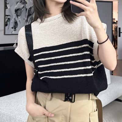 Summer Striped Tops Color Blocking Round Neck Loose Thin Knitted Undershirt Female Casual Summer Essential Comfort and Style Slim Fit Pullovers Tees