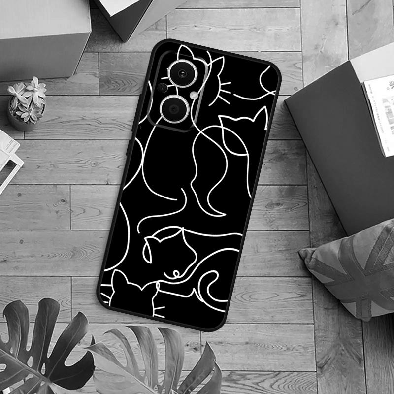 Funny Cute Cat Line Art Case For OPPO Reno 13F 14F 12F 10 11 12 13 14 Pro 7 8 Lite OPPO Find X6 X5 X8 X9 Pro Cover