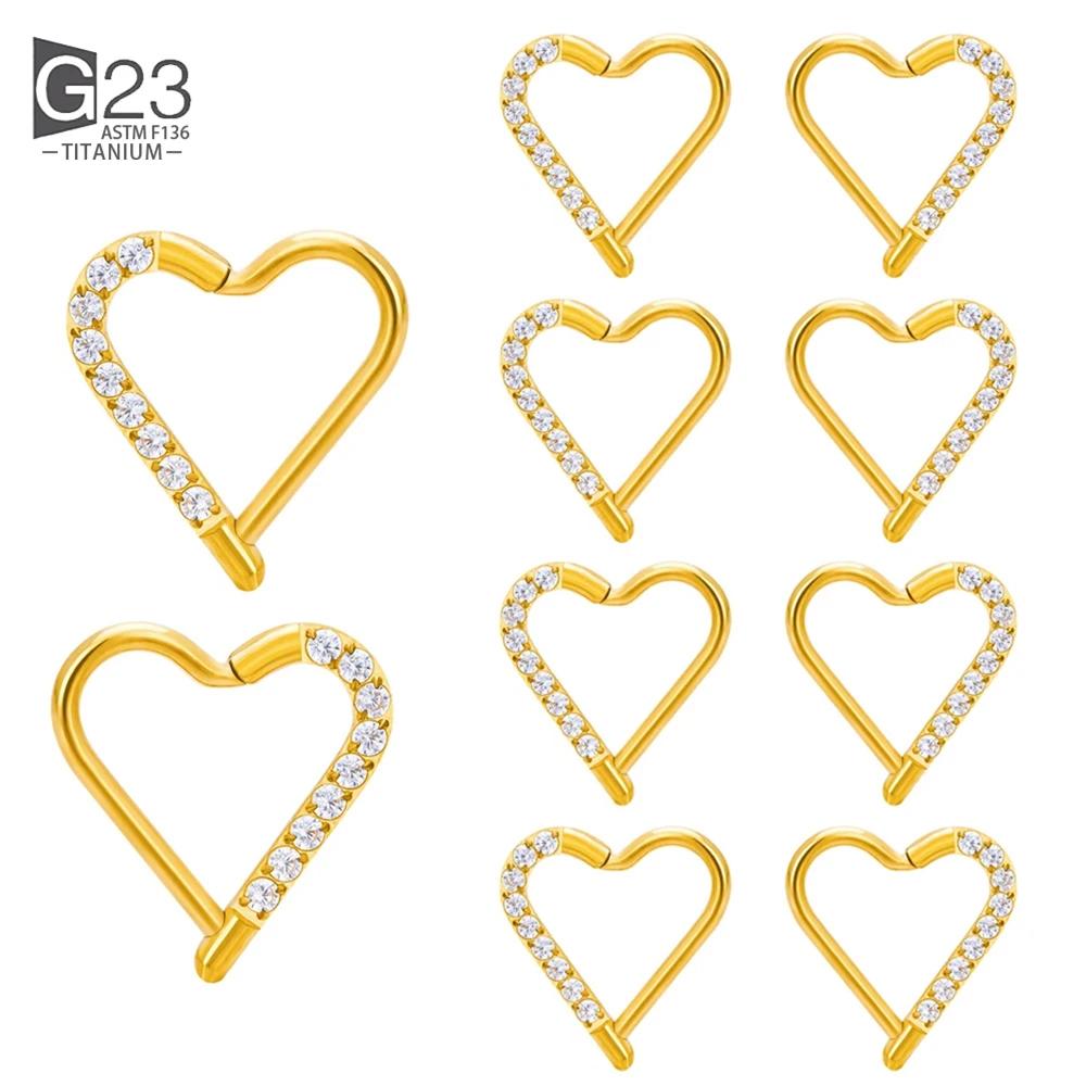 10Pc ASTM F136 Titanium Daith Heart Earring Hoop Cartilage Tragus Helix Rings Hinged Segment Hoop with Clear CZ