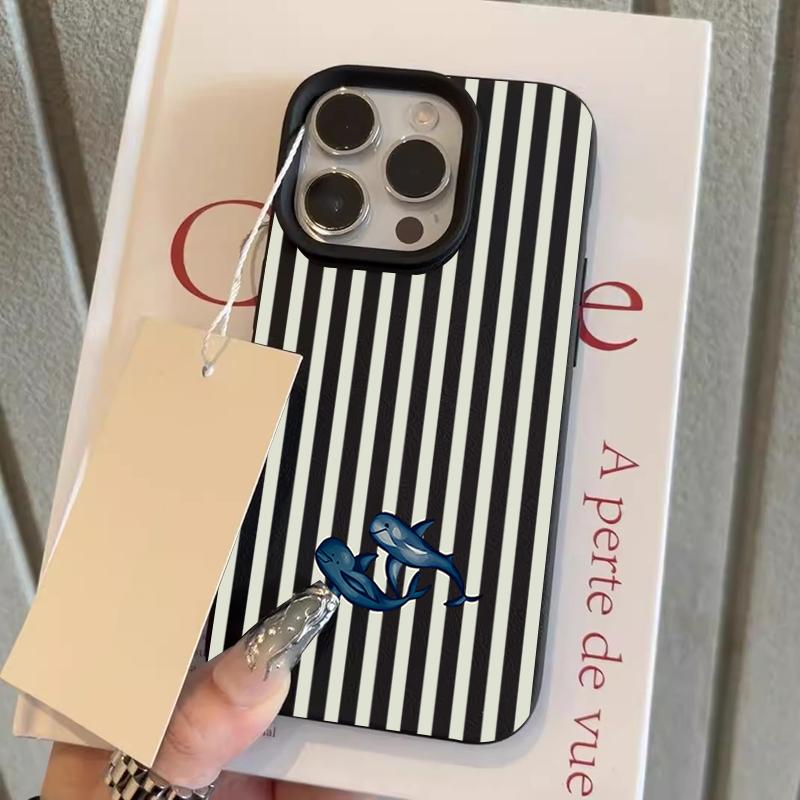 Whale Stripes Pattern Lychee Texture Silicone Phone Case For iPhone 17 Pro Max 11 12 13 14 15 16 Pro 15 Plus 17 Air Soft Cover