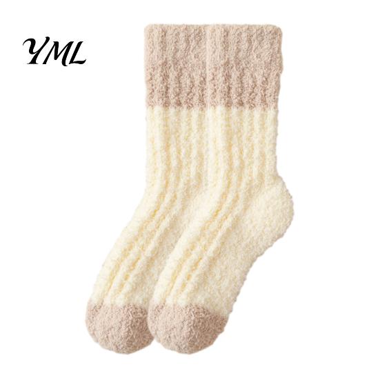 Plush Warmth for Autumn Winter Thickened Long Socks Women, Warm Coral Fleece Socks, Soft Thermal Hosiery Sleep Anti-static Contrast Color Indoor Cozy