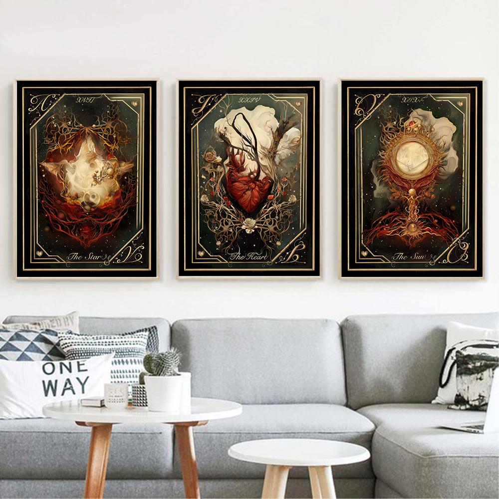 Slunce Měsíc Hvězda Srdce Tarotové karty Obrazy na plátně Obrazy na zeď Umělecké obrazy Vintage Magic Tarot Card Print Painting Kitchen Decor